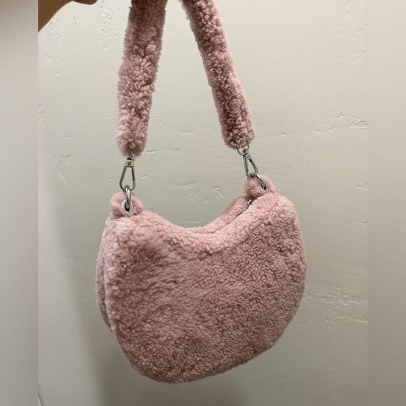Dusty Rose Real Shearling Leather Half Moon Handbag with 2 Straps & Fur Charm - Picture 7 of 16